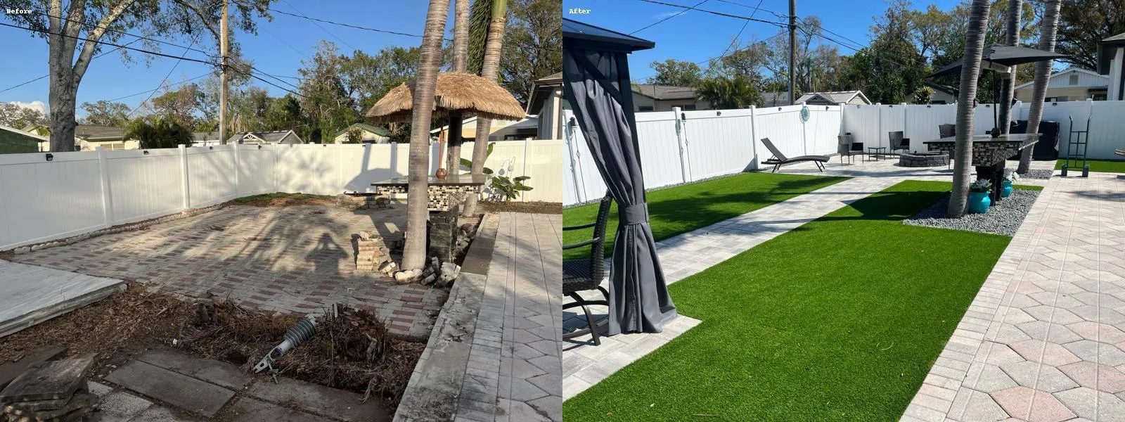 Before and after backyard with gazebo, gray pavers and artificial turf
